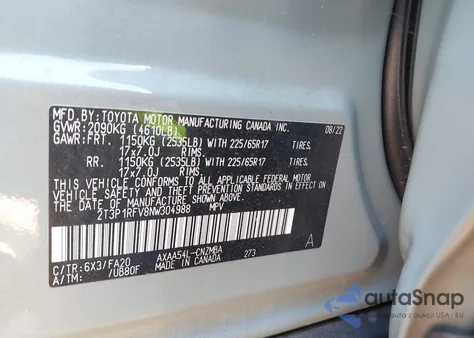 2022 Toyota Rav4 Xle from USA, damaged, VIN 2T3P1RFV8NW304988